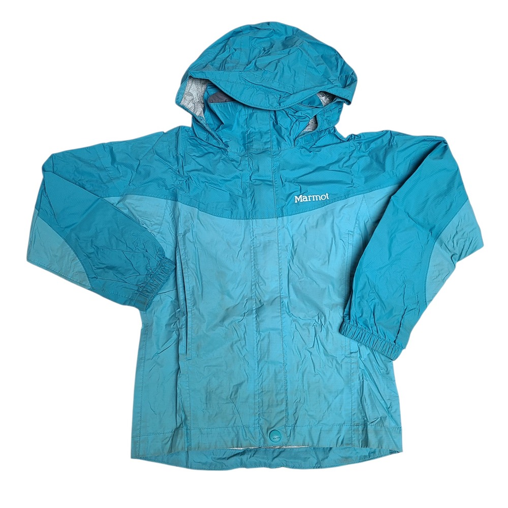 Marmot Jacket Kids XS Blue Teal Hooded Rain Shell Waterproof Outdoor Hiking Coat
